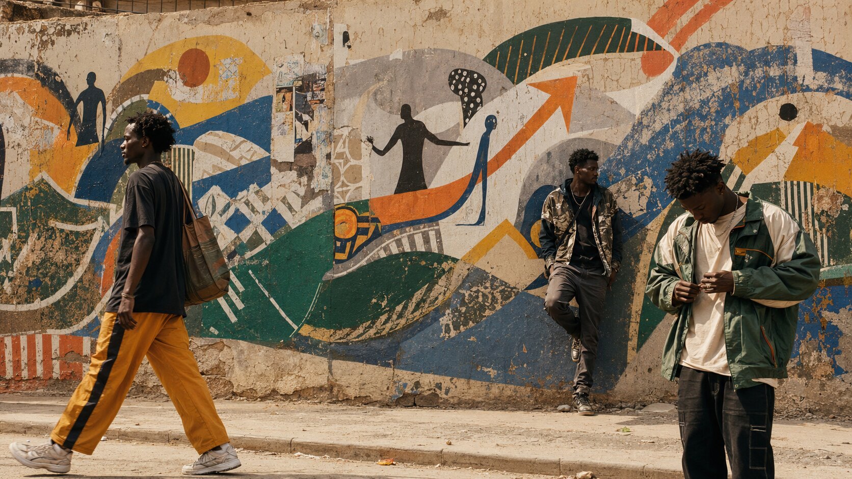 Fresque street art originale MBEDD BI sur un mur de Dakar