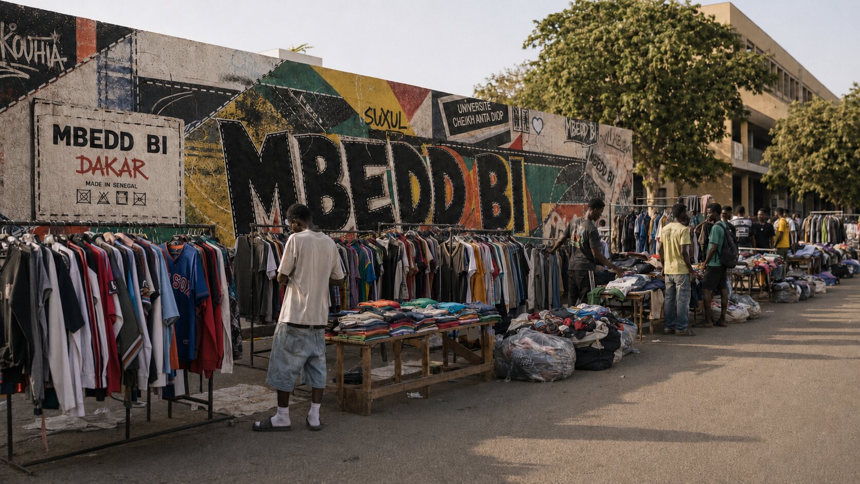 Marché streetwear local MBEDD BI à Dakar